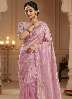 Pink Color Hand work with cut work aarko border Sattin art silk saree 1