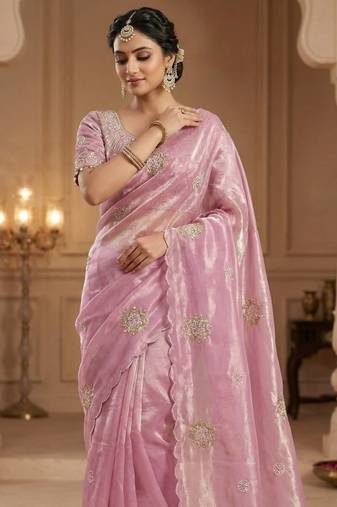 Pink Color Hand work with cut work aarko border Sattin silk Saree
