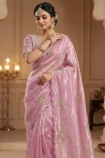 Pink Color Hand work with cut work aarko border Sattin silk Saree