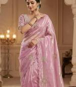 Pink Color Hand work with cut work aarko border Sattin silk Saree