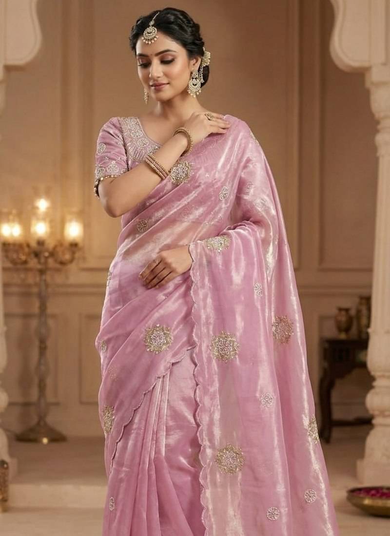 Pink Color Hand work with cut work aarko border Sattin silk Saree