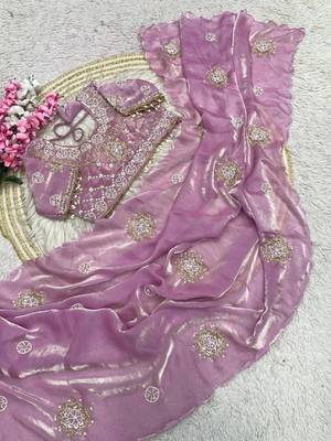 Pink Color Hand work with cut work aarko border Sattin art silk saree 2