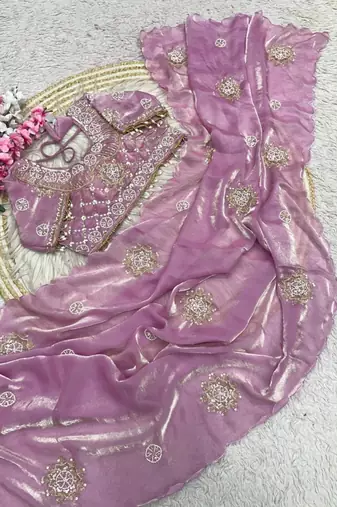 Pink Color Hand work with cut work aarko border Sattin art silk saree