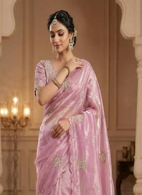 Pink Color Hand work with cut work aarko border Sattin art silk saree 3