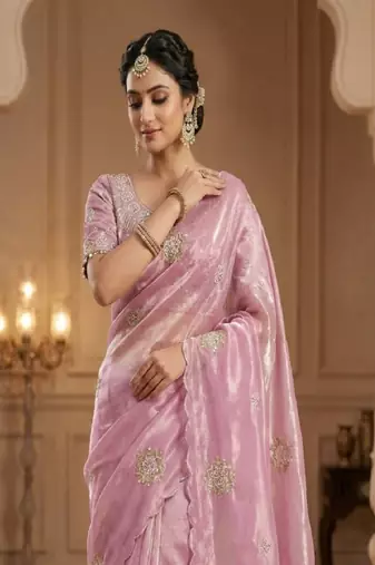 Pink Color Hand work with cut work aarko border Sattin art silk saree