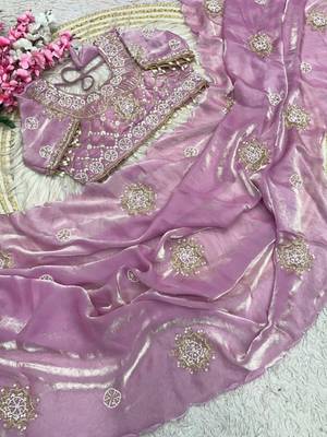 Pink Color Hand work with cut work aarko border Sattin art silk saree 4