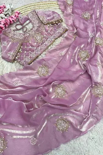 Pink Color Hand work with cut work aarko border Sattin art silk saree