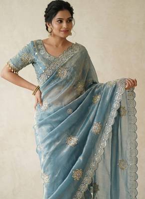 Sky Blue Color Hand work with cut work aarko border Sattin art silk saree 1