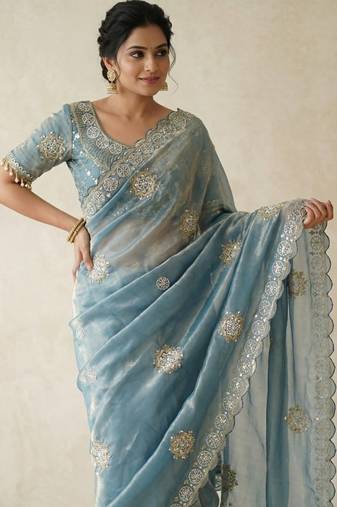 Sky Blue Color Hand work with cut work aarko border Sattin silk Saree