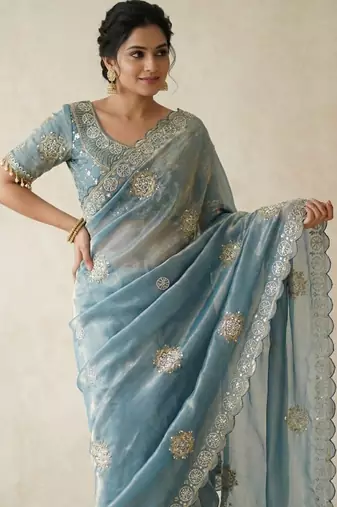 Sky Blue Color Hand work with cut work aarko border Sattin silk Saree