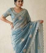 Sky Blue Color Hand work with cut work aarko border Sattin silk Saree