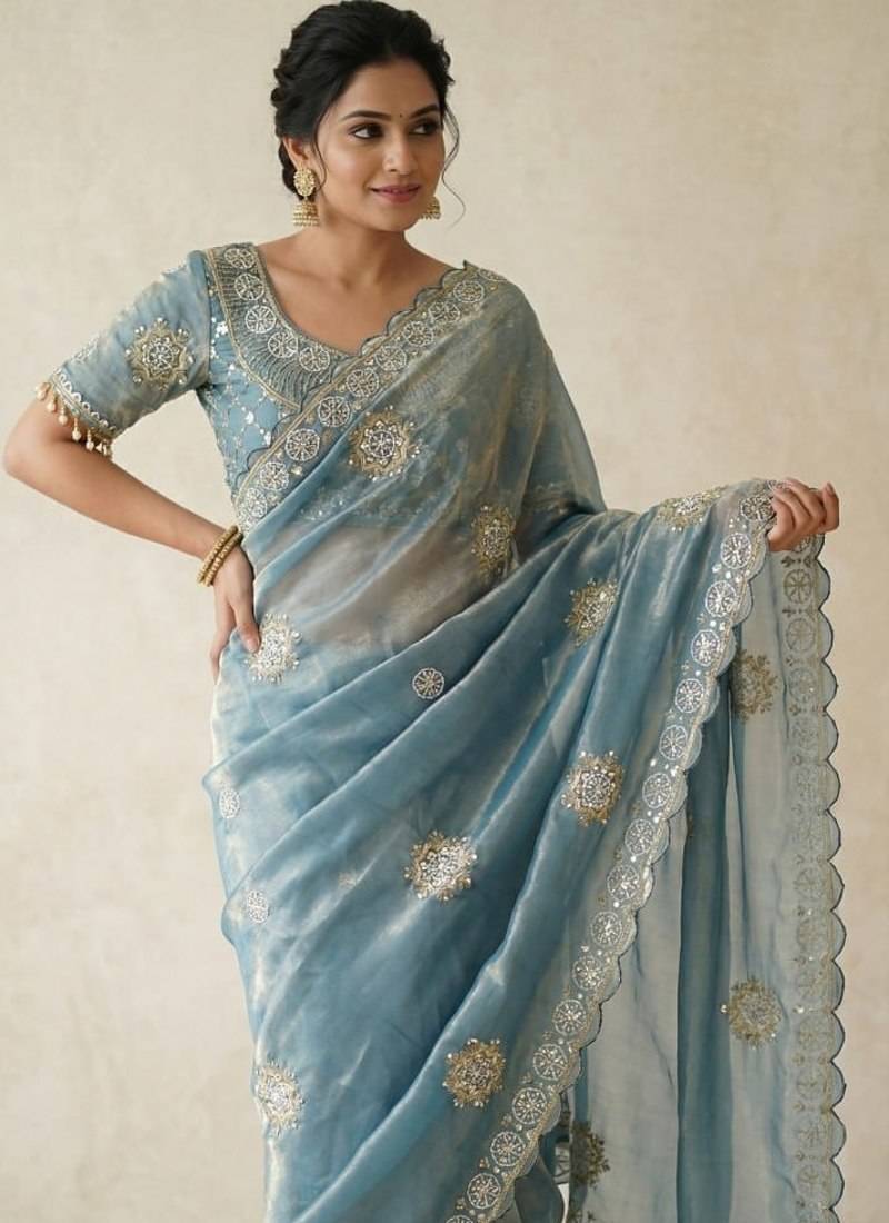 Sky Blue Color Hand work with cut work aarko border Sattin silk Saree