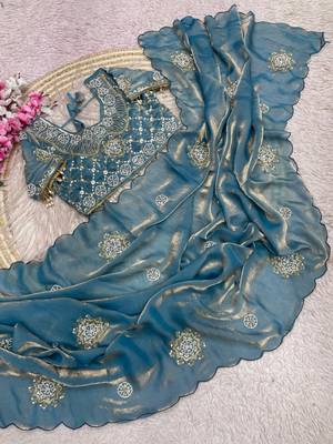 Sky Blue Color Hand work with cut work aarko border Sattin art silk saree 2