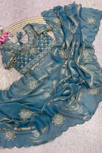 Sky Blue Color Hand work with cut work aarko border Sattin art silk saree