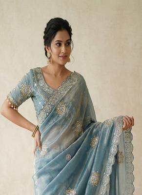 Sky Blue Color Hand work with cut work aarko border Sattin art silk saree 3