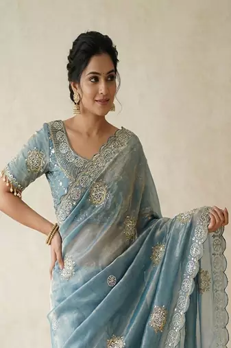 Sky Blue Color Hand work with cut work aarko border Sattin art silk saree