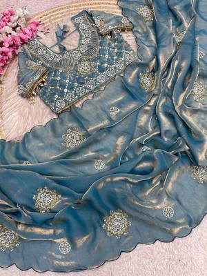 Sky Blue Color Hand work with cut work aarko border Sattin art silk saree 5