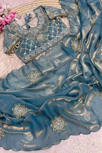 Sky Blue Color Hand work with cut work aarko border Sattin art silk saree