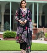 Women's georgette floral embroidered v-neck black kurta pant set with printed dupatta