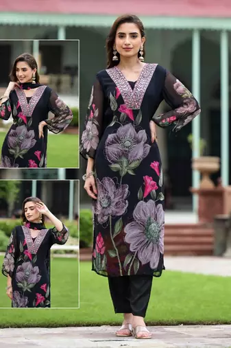 Women's georgette floral embroidered v-neck black kurta pant set with printed dupatta