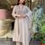Women's muslin cotton mirror embroidered grey anarkali kurta pant set with printed dupatta