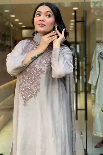 Women's muslin cotton mirror embroidered grey anarkali kurta pant set with printed dupatta