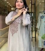 Women's muslin cotton mirror embroidered grey anarkali kurta pant set with printed dupatta