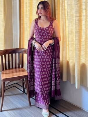 Women's rayon silk printed purple kurta sharara set with chanderi dupatta 1