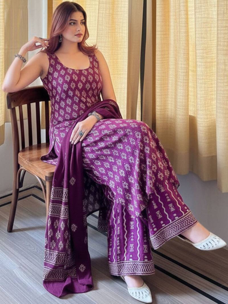 Women's rayon silk printed purple kurta sharara set with chanderi dupatta