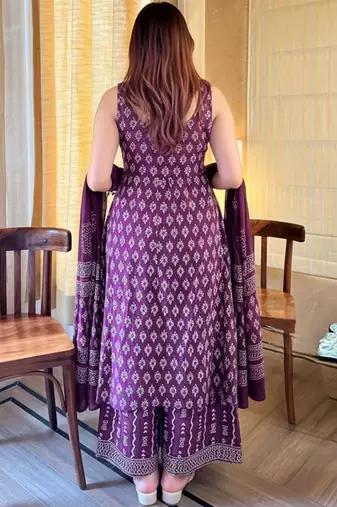 Women's rayon silk printed purple kurta sharara set with chanderi dupatta