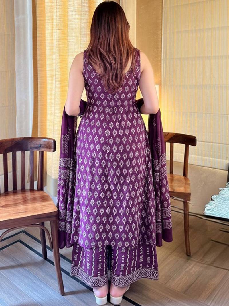Women's rayon silk printed purple kurta sharara set with chanderi dupatta