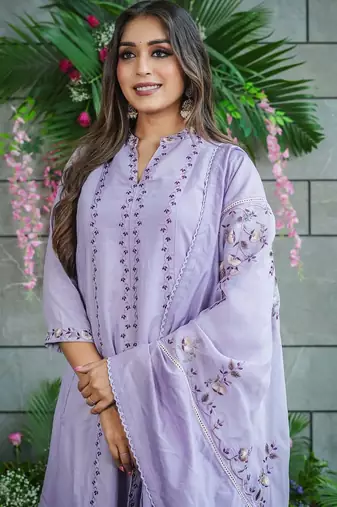 Women's muslin silk embroidered lavender kurta sharara set with dupatta