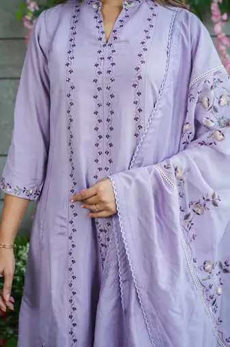 Women's muslin silk embroidered lavender kurta sharara set with dupatta