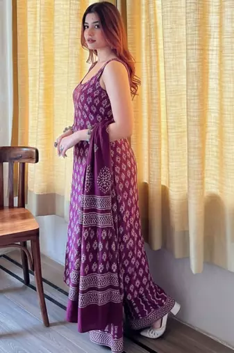 Women's rayon silk printed purple kurta sharara set with chanderi dupatta