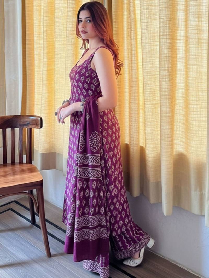 Women's rayon silk printed purple kurta sharara set with chanderi dupatta