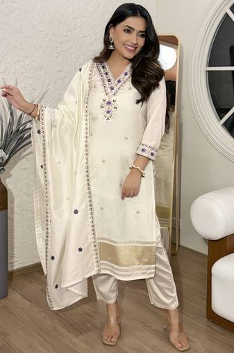 Women's viscose silk embroidered off white kurta pant set with chanderi dupatta