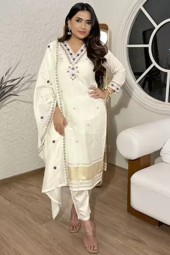 Women's viscose silk embroidered off white kurta pant set with chanderi dupatta