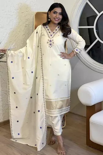 Women's viscose silk embroidered off white kurta pant set with chanderi dupatta