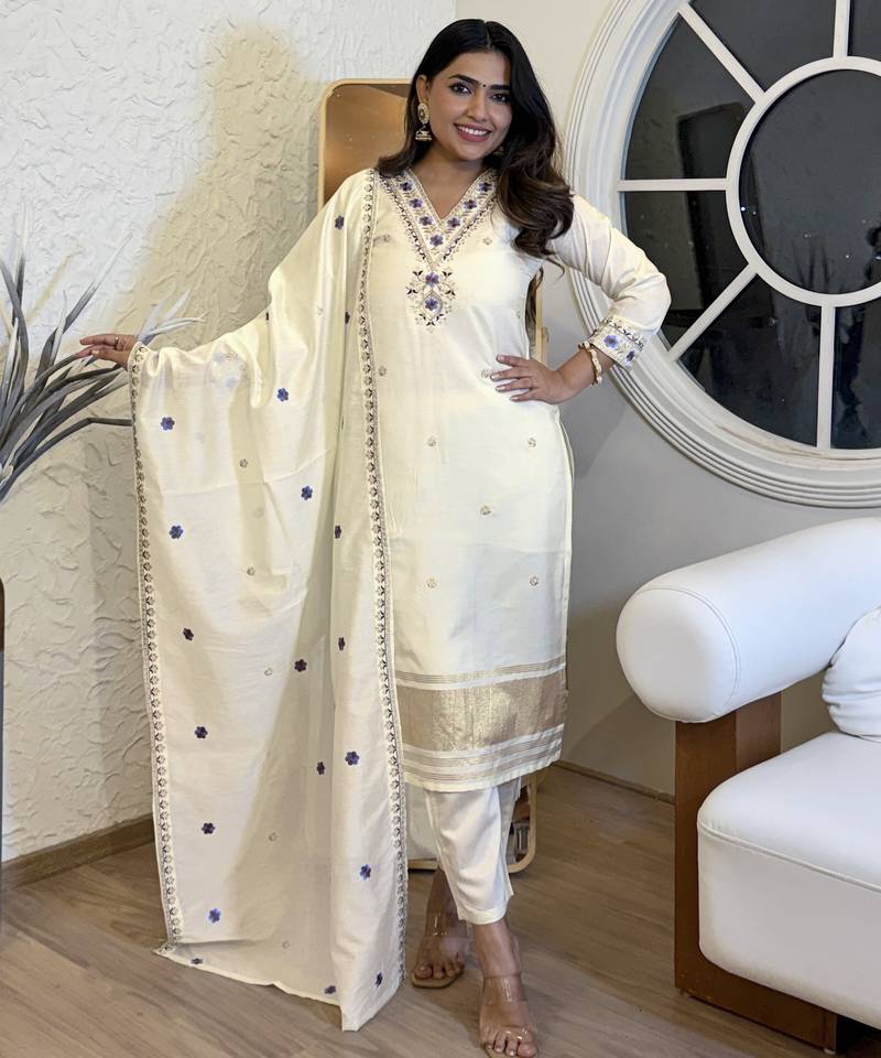 Women's viscose silk embroidered off white kurta pant set with chanderi dupatta
