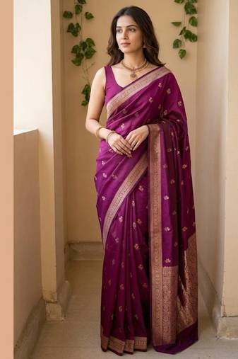 Magenta silk blend saree with classic gold zari border