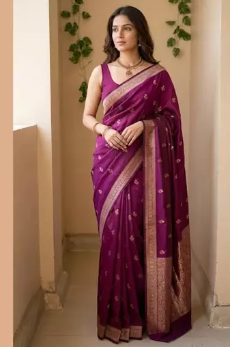 Magenta silk blend saree with classic gold zari border