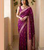 Magenta silk blend saree with classic gold zari border