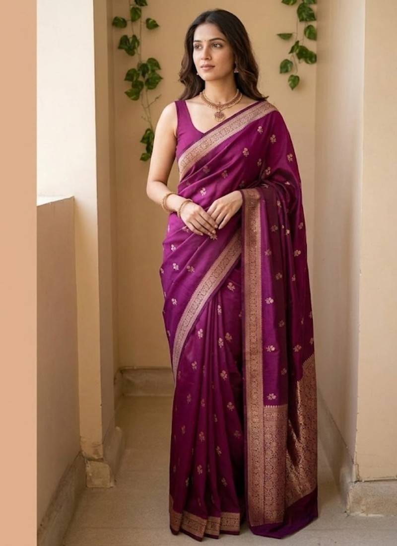 Magenta silk blend saree with classic gold zari border
