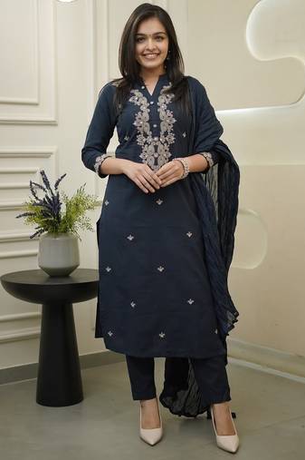 Women's rayon silk embroidered navy blue kurta pant set with chanderi dupatta