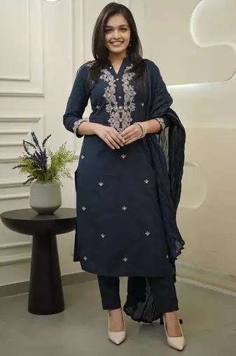 Women's rayon silk embroidered navy blue kurta pant set with chanderi dupatta