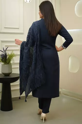 Women's rayon silk embroidered navy blue kurta pant set with chanderi dupatta