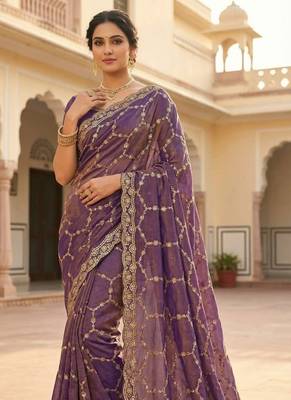 Lavendar Color Sequence embroidery work with Cut  work border art silk saree 1