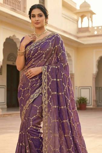 Lavendar Color Sequence embroidery work with Cut  work border silk Saree