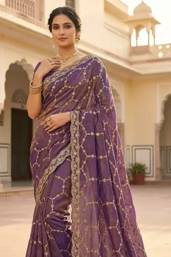 Lavendar Color Sequence embroidery work with Cut  work border silk Saree