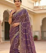 Lavendar Color Sequence embroidery work with Cut  work border silk Saree